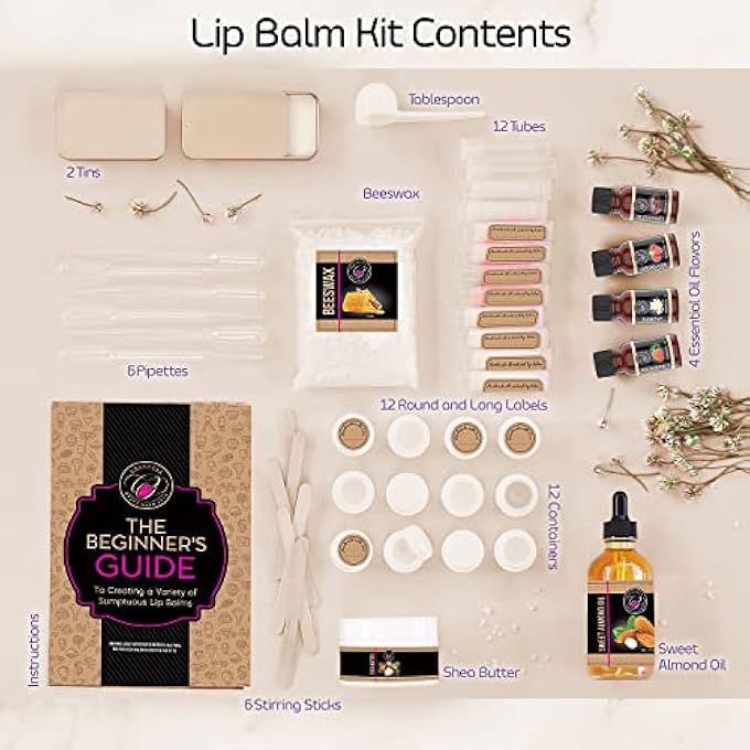 CRAFTZEE LIP BALM MAKING KIT - DIY LIP GLOSS KIT WITH NATURAL BEESWAX BASE, SHEA BUTTER, SWEET ALMOND OIL, ESSENTIAL OILS, TUBES, JARS & MORE CRAFT KIT FOR ADULTS - Image 2
